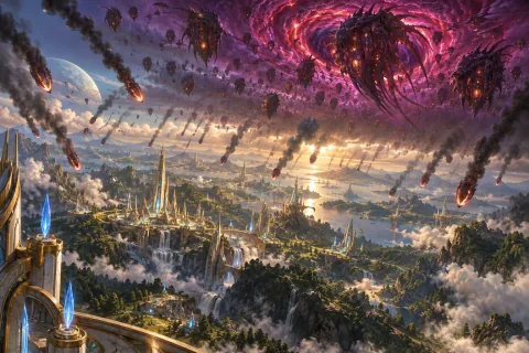 AI Reconstructed Illustration: The Zerg Swarm invading the skies of Aiur through a warp rift.