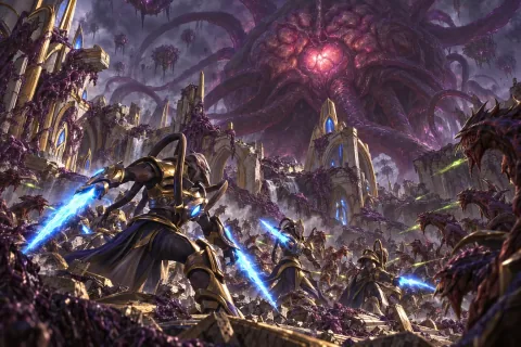 AI Reconstructed Illustration: The Overmind landing on Aiur, corrupting the golden homeworld.