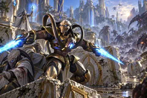 AI-reconstructed illustration — Fenix defending Aiur and wounded Protoss civilians.