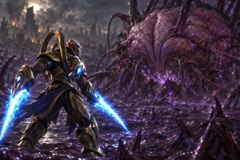 🎨 [AI Reconstructed Illustration] Fenix stands before a pulsating, regenerating Zerg Cerebrate on the creep-covered battlefield of Antioch.