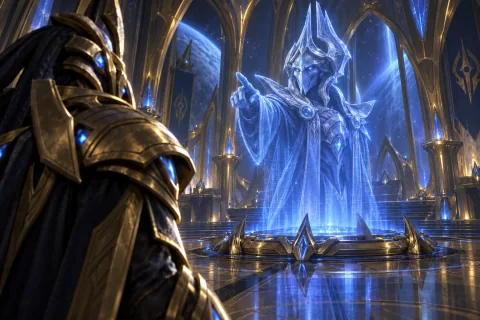 🎨 [AI Reconstructed Illustration] A blue hologram of Judicator Aldaris accuses the Executor in the golden Conclave chamber on Aiur.