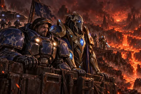 🎨 [AI Reconstructed Illustration] Jim Raynor and Tassadar stand together behind a metal barricade on the volcanic surface of Char.