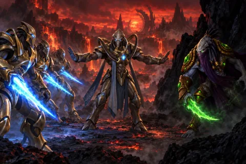 🎨 [AI Reconstructed Illustration] Tassadar mediates a tense standoff between gold-armored Zealots and Zeratul's Dark Templar on Char.