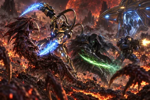 🎨 [AI Reconstructed Illustration] Khalai Zealots and Nerazim Dark Templar fight side-by-side against Zerg to secure their evacuation from Char.