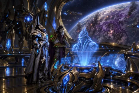 🎨 [AI Reconstructed Illustration] Tassadar and Zeratul stand on the starship bridge, looking at a scarred Aiur and a hologram of Aldaris.