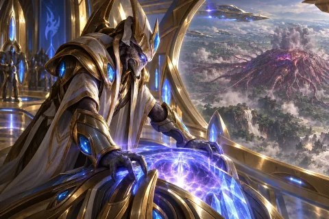 AI-reconstructed illustration — Tassadar resolving to make the Gantrithor's final charge toward the Overmind.