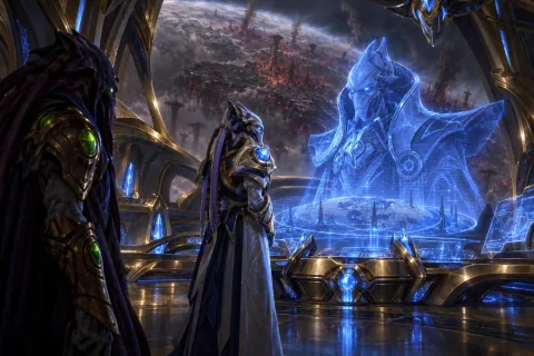 AI reconstructed illustration: Tassadar and Zeratul on the bridge of the Gantrithor, confronting a hologram of Aldaris.