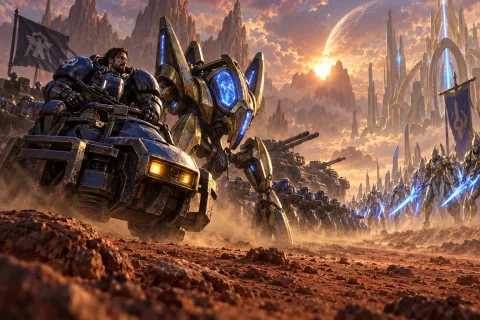 AI reconstructed illustration: Jim Raynor on his Vulture and Fenix in his Dragoon form standing together on Aiur.