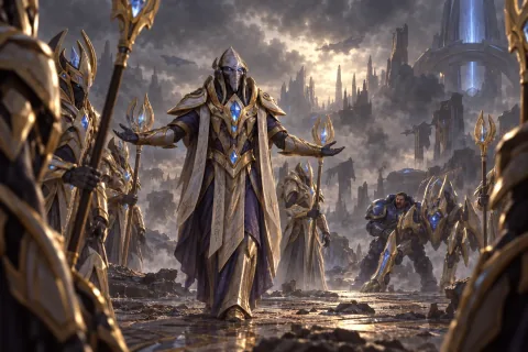 AI reconstructed illustration: Tassadar surrendering peacefully to the Conclave guards to prevent further civil war.