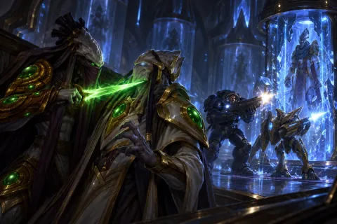 AI reconstructed illustration: Zeratul threatening Aldaris with his warp blade while Raynor and Fenix rescue Tassadar.