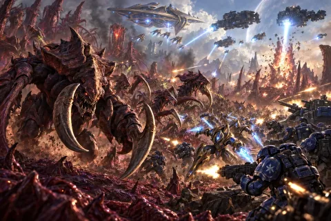 AI reconstructed illustration: Allied Protoss and Terran forces launching a massive assault against the Zerg Overmind.