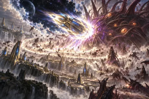 AI reconstructed illustration: The Gantrithor crashing into the Overmind in a massive explosion of light and shadow.