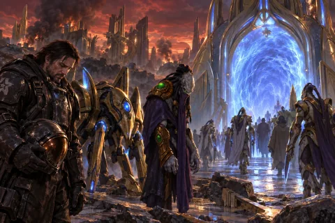 AI reconstructed illustration: Raynor, Fenix, and Zeratul watching the Protoss refugees evacuate Aiur through the Warp Gate.