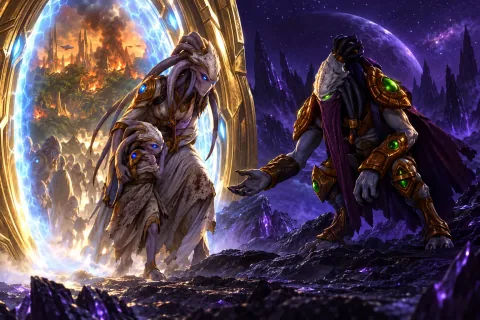 AI-reconstructed illustration — Zeratul welcoming his brethren evacuating from Aiur to Shakuras.
