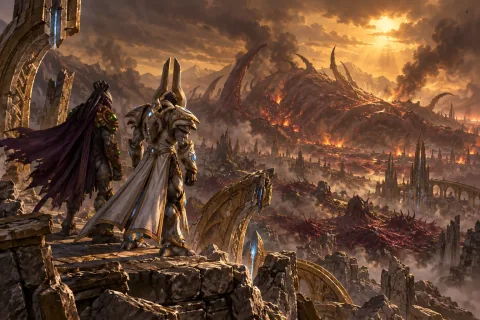 Artanis and Zeratul look out over the ruined, creep-covered landscape of Aiur after the Overmind's death.