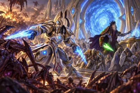 Artanis defends the Great Gate on Aiur as refugees prepare to evacuate through the blue portal.