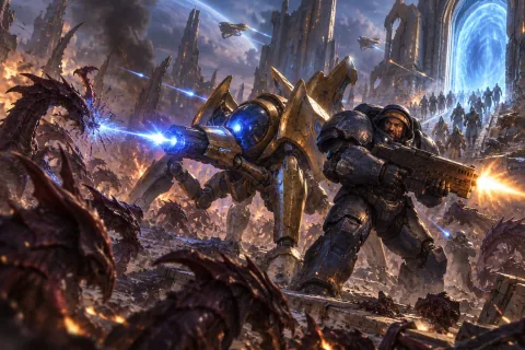 AI reconstructed illustration: Jim Raynor and Fenix in his four-legged Dragoon defend Aiur against a wave of Hydralisks.