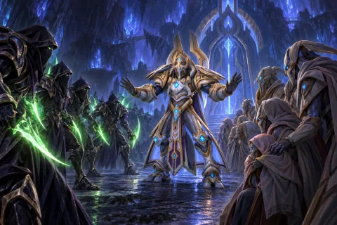Artanis steps between hostile Nerazim warriors and Khalai refugees to defuse ancient tensions.