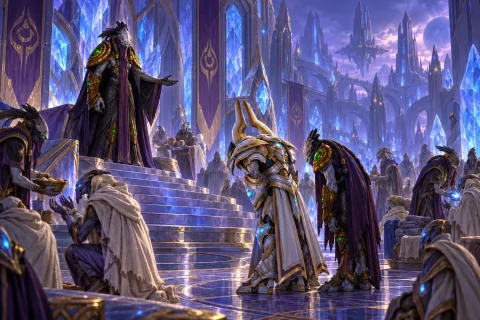 Matriarch Raszagal welcomes Artanis, Zeratul, and the refugees in the glowing crystal plaza of Shakuras.