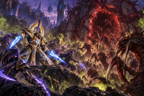 Zerg forces invade Shakuras, spreading red creep over the warp gate as Artanis fights back.