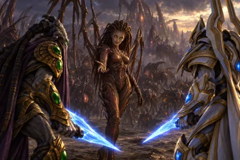 Sarah Kerrigan, the Queen of Blades, proposes an alliance to Artanis and Zeratul on Shakuras.