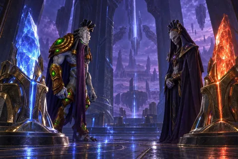 AI-reconstructed illustration — Raszagal and Zeratul facing the two crystals at the Temple of Shakuras.
