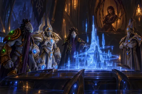 Matriarch Raszagal, Zeratul, Artanis, and Aldaris discuss the Xel'Naga temple hologram while Kerrigan watches from the shadows.