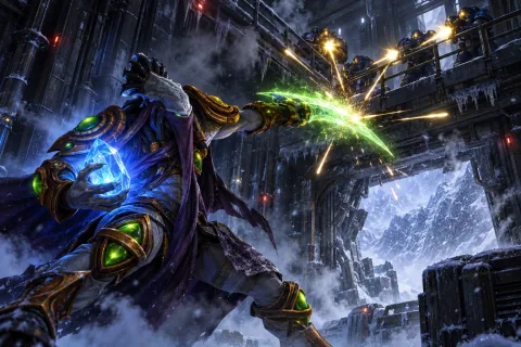 Zeratul secures the glowing blue Uraz crystal inside a Terran Dominion fortress on Braxis.