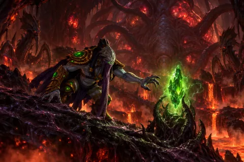 Zeratul retrieves the green Khalis crystal near the pulsing new Overmind on the volcanic planet Char.