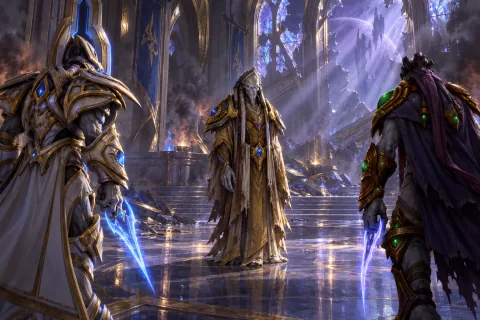 Artanis and Zeratul confront the rebel Judicator Aldaris in the damaged citadel of Talematros.