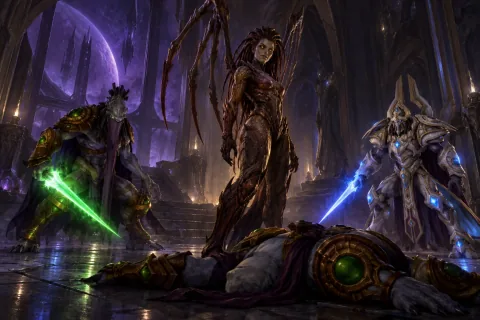 Kerrigan abruptly assassinates Aldaris to silence him, provoking the fury of Zeratul and Artanis.