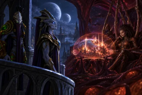 While Shakuras is purified, Zeratul watches the mind-controlled Raszagal, as Kerrigan smiles from her distant leviathan.