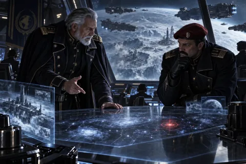 AI-reconstructed illustration — UED's DuGalle and Stukov commanding operations above Braxis.