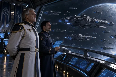 AI reconstructed illustration: Admiral DuGalle and Vice Admiral Stukov stand on the bridge of the Aleksander, looking out at the Koprulu sector stars and the UED fleet.