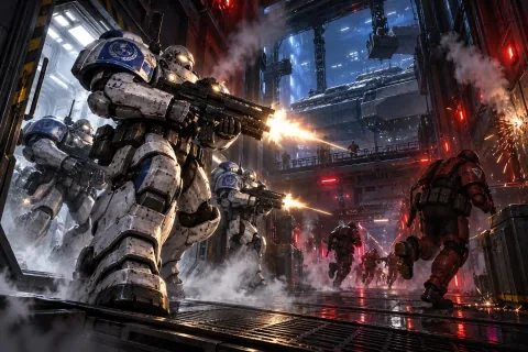 AI reconstructed illustration: UED Marines in white power armor breach the docking bay of the Dylarian Shipyard, engaging Dominion forces.