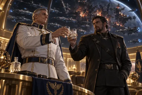 AI reconstructed illustration: Admiral DuGalle and Vice Admiral Stukov toast their victory on the observation deck, with captured battlecruisers outside.
