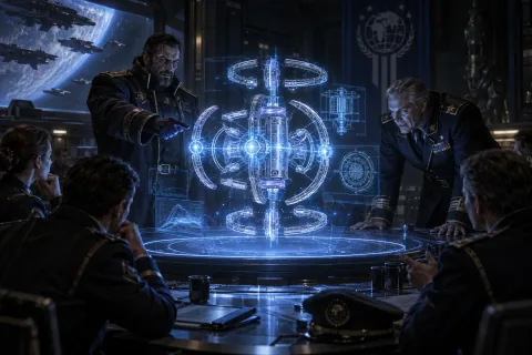 AI reconstructed illustration: Stukov presents the holographic blueprint of the Psi Disrupter to DuGalle and officers in a dark briefing room.