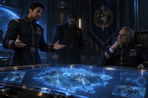 AI reconstructed illustration: Samir Duran persuasively argues for the destruction of the Psi Disrupter, while Stukov glares in anger.