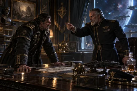 AI reconstructed illustration: Stukov slams his hands on DuGalle's desk during a heated argument in the Admiral's private office.