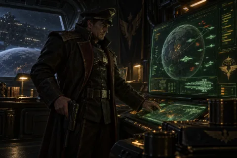 AI reconstructed illustration: Stukov stands alone in his dark tactical command center, secretly contacting his loyal personal guard.