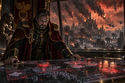 Ilustrasi rekonstruksi AI: Kaisar Arcturus Mengsk di istananya, mencengkeram meja komando dengan putus asa saat Korhal jatuh ke tangan UED.