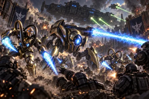 Ilustrasi rekonstruksi AI: Fenix dalam wujud Dragoon dan Protoss Zealot bertempur melawan pasukan UED di Korhal, dengan Hyperion di langit.