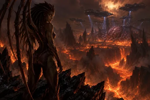 Ilustrasi rekonstruksi AI: Sarah Kerrigan sebagai Queen of Blades mengawasi pasukan UED dari langkan gelap di Char.