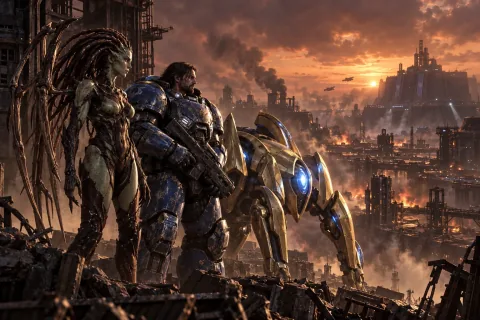 AI-reconstructed illustration — Kerrigan, Raynor, and Fenix forming an uneasy alliance on the Korhal front.
