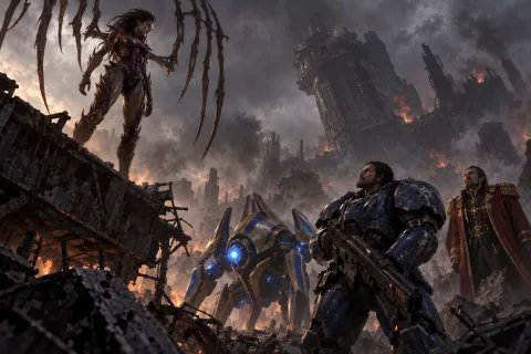 AI reconstructed illustration: Kerrigan proposes an alliance to Raynor, Fenix, and Mengsk on the ruins of Tarsonis.