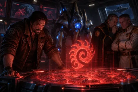 AI reconstructed illustration: Raynor, Fenix, and Mengsk gather around the Hyperion's tactical hologram projector.