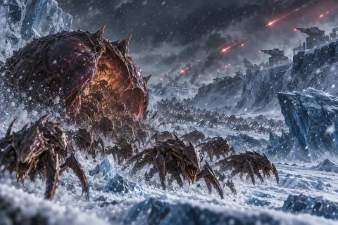 AI reconstructed illustration: Zerg spore sacs crash onto the frozen plains of Braxis to distract UED defenses.
