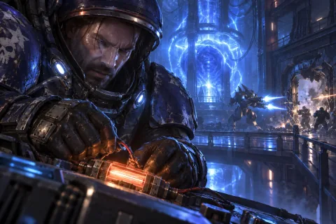 AI reconstructed illustration: Raynor plants explosives on the Psi Disrupter's power core while Fenix defends the entrance.