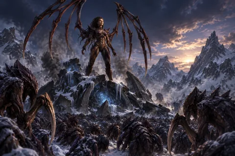 AI reconstructed illustration: Kerrigan reclaims control of the Zerg Swarm atop the ruins of the Psi Disrupter.