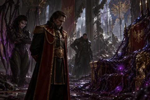AI reconstructed illustration: Mengsk returns to his ruined throne room, now infested with Zerg creep, under Kerrigan's gaze.